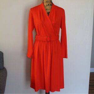 Vtg 60s 70s Alison Ayres Red Polyester A-Line Long Sleeve Dress Belt Women’s S